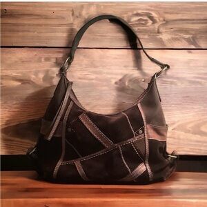 Pelle Studios brown suede and leather patchwork hobo bag purse.